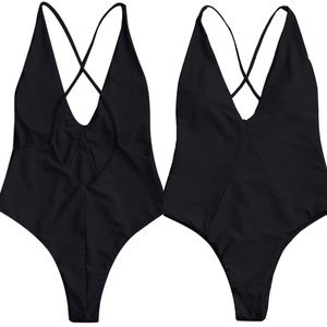Deep V Criss Cross Back One Piece Swim Black